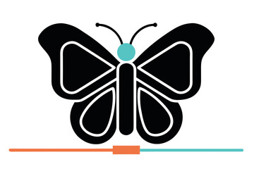 Black Butterfly Icon with Turquoise Dot and Colorful Line on White Background insect