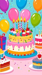 Festive birthday scene with a two-tiered cake, candles, balloons, and assorted desserts