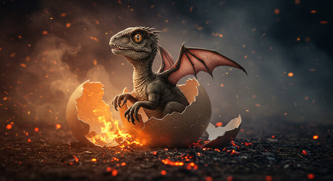 Cute baby dragon hatching from egg in fiery nest, surrounded by glowing embers and smoke, detailed fantasy creature with wings in magical volcanic environment, realistic 3D render