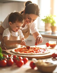 Mom and son making pizza
