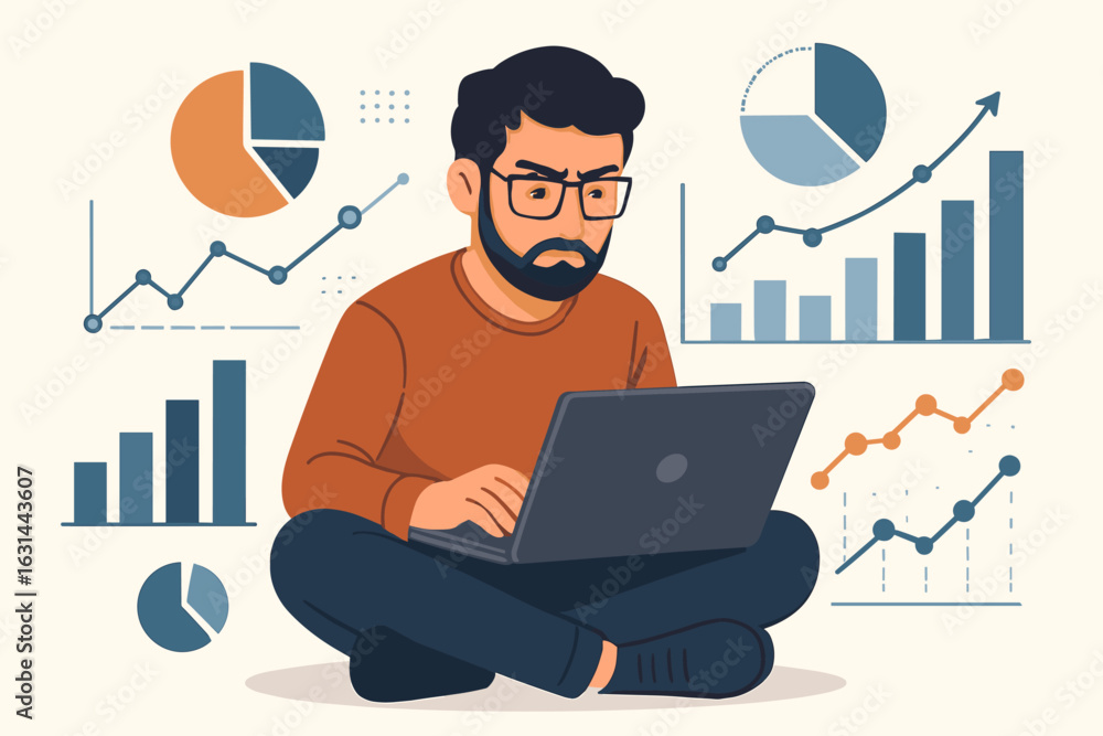 Poster man analyzing data on laptop. businessman or analyst working with statistics, charts, graphs. financ