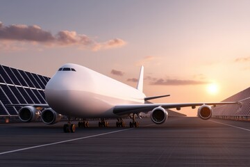Obraz premium air freight shipment hub Large airplane parked near solar panels at sunset, showcasing technology and sustainability.