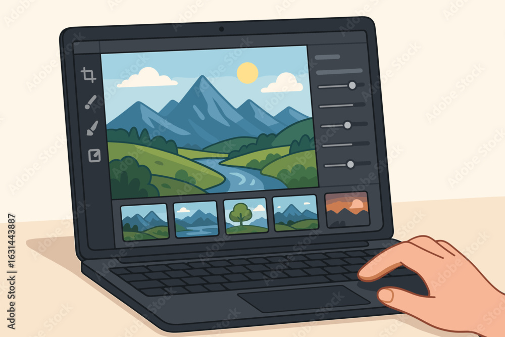 Poster photo editing on a laptop. designer or photographer retouching a beautiful landscape image in an edi