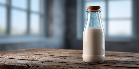 Fresh Milk in Glass Bottle on Wooden Table with Soft Focus in Background and Natural Light Creating a Warm and Inviting Atmosphere
