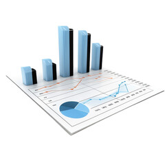 Glossy 3D Bar Chart with Pie Chart and Line Graph, Representing Financial Data Analysis, Business Growth on transparent background