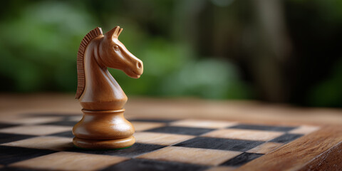 Close-up of a wooden chess knight piece on a beautifully crafted chessboard with a natural background, emphasizing strategy and intellect in gameplay