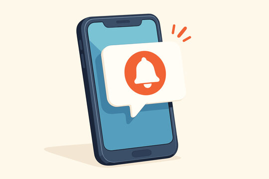 Mobile smartphone with push notification pop up. New message or alert with bell icon on screen. Reminder, subscription or social media notice vector cartoon illustration.