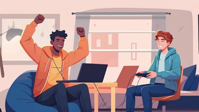 Flat vector two friends are playing video games on laptops in a living room, showing a leisure activity at home with furniture and decorations