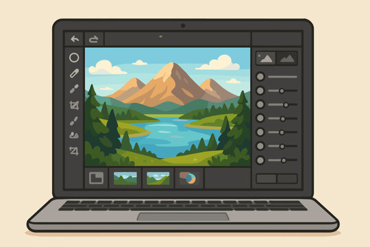 Photo editing on laptop with photo editor software interface. Digital artist workflow, post production, retouching a beautiful mountain landscape. Vector illustration.