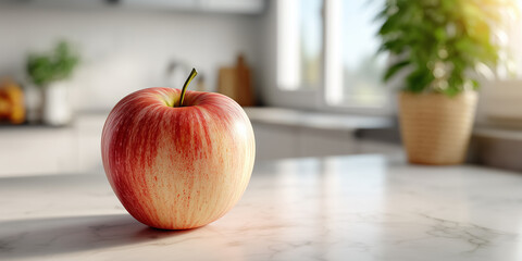 Fresh Red Apple on Marble Surface in Bright Kitchen with Natural Light and Green Plant in the Background for Healthy Lifestyle Concept