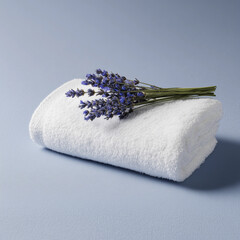 Lavender sprig on a rolled white towel set against a soft blue background for a calming spa experience