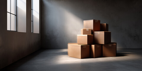 Stacked brown cardboard boxes in an industrial room with natural light illuminating the space, reflecting organized chaos and potential storage opportunities