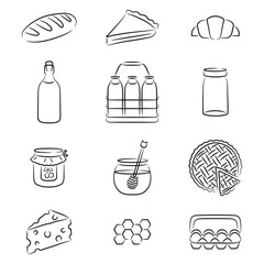 Line Art Farm Food Icons, Bread, Cake, Croissant, Milk, Jam, Cheese, Eggs, Honey, Pie