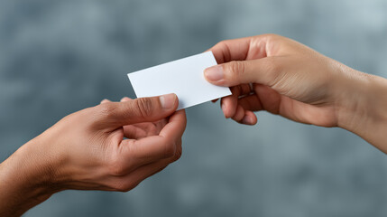 Hands exchanging blank business card symbolizing networking opportunity, professional interaction, business relationships, communication concept