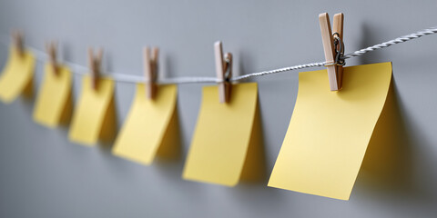 Yellow sticky notes hanging on a clothesline with clothespins against a minimalist gray background for organization and brainstorming concepts