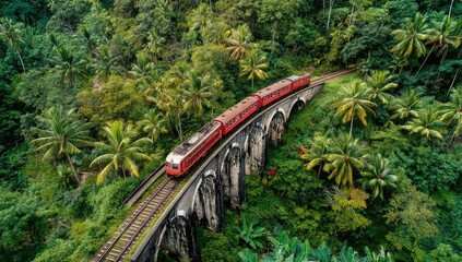 Fototapeta premium A red train is crossing the stone bridge in tropical jungle, which can be seen from above. The landscape of nature and adventure travel concept image.
