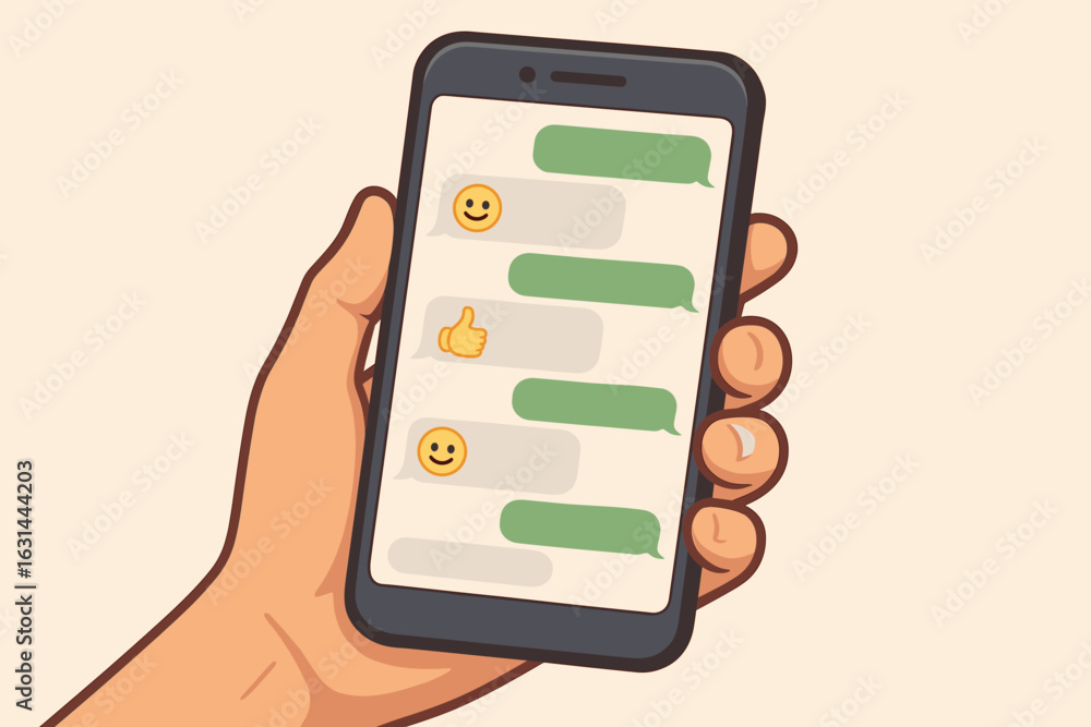 Aufkleber hand holding smartphone showing a text message conversation. mobile phone screen with chat bubbles a