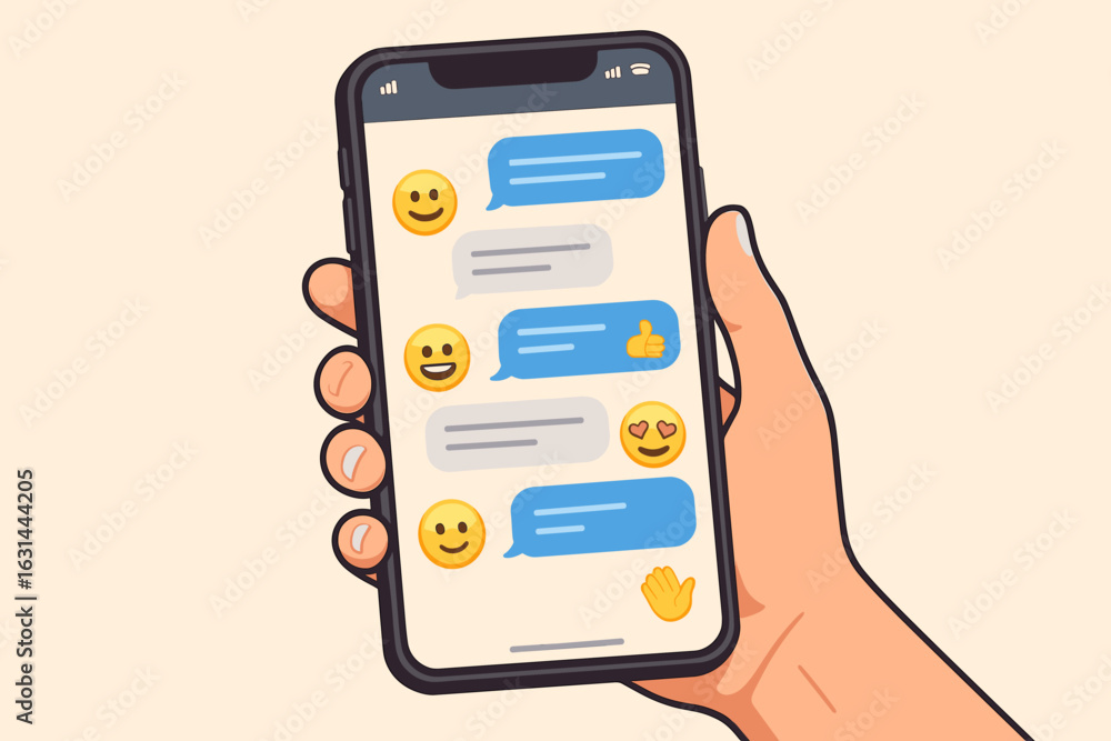 Poster hand holding a smartphone showing a text message conversation. screen with chat bubbles and emojis. 