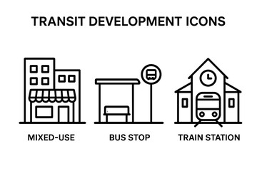 Transit development icon set. Urban planning line icons for transit-oriented development. Mixed-use building, bus stop, train station symbols. Public transport vector.