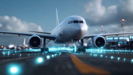 air freight shipment hub A modern airplane on a runway illuminated by blue lights.