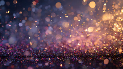 Digital art template with glitch grain, confetti glitter, and warm bokeh for celebrations