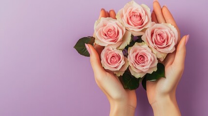 Offering tender pink roses a delicate gift of love and affection cradled in caring hands soft lilac