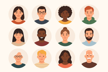 Diverse people avatars collection. Vector set of user profile pictures. Men and women faces of different ages and races. Multicultural team, community cartoon icons.