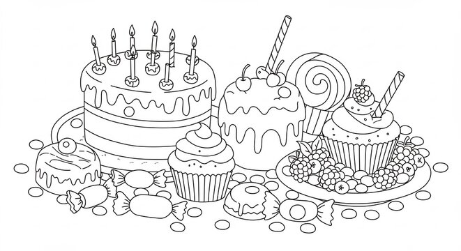 Gateaux delicieux dessin ligne claire douceurs sucr�es f�te anniversaire. AI Generated
