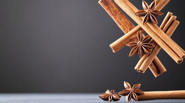 Close-up shot of cinnamon sticks and star anise suspended mid-air against a dark background, dynamic freeze-motion photography, balanced layout with room for branding