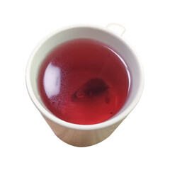 A curated collection of images showing hot hibiscus tea in white mugs.