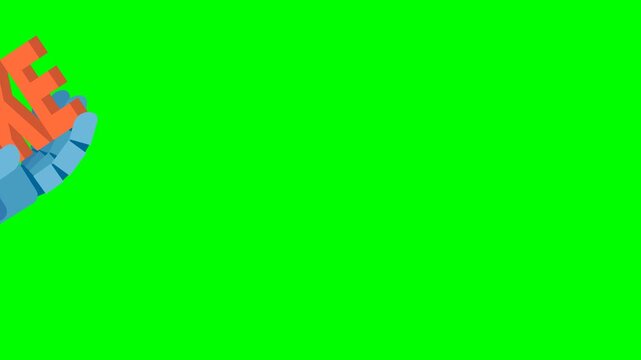Fake word robotic hand with letters. Fake news, false information,  unethical bad support in chatbot mobile app. AI technology false information concept. Word "FAKE". 2d flat animation. Alpha channel