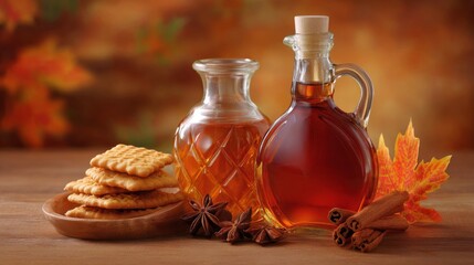 Fototapeta premium Fall-themed image of maple syrup, honey, cookies, star anise, cinnamon sticks, and fall foliage