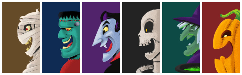 Halloween face set vampire zombie skull pumpkin witch monster skeleton