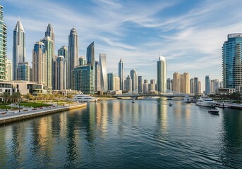 Obraz premium Urban Skyline View, Dubai Marina, Architecture Photography, Cityscape, Daytime, Wide Angle, Modern Life