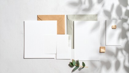 Empty white wedding stationery mock ups with soft leaves shadows on light beige background. 