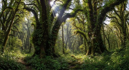 Fototapeta premium Enchanting Sunlit Rainforest with Ancient Moss-Covered Trees and Vibrant Green Foliage
