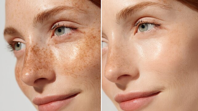 Split Face Comparison of a Caucasian Woman Before and After Skincare Treatment Showing Hyperpigmentation, Freckles, and Enlarged Pores on One Side and Smooth, Even-Toned Skin on the Other