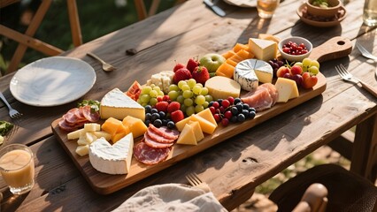 Outdoor table setting with a charcuterie board featuring an assortment of cheeses, meats, and fresh fruits.