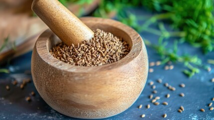 Cumin seeds bursting out of a wooden mortar and pestle, captured mid-action, artistic yet functional composition for marketing use
