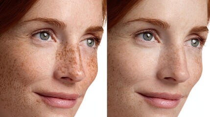 Split Face Comparison of a Caucasian Woman Before and After Skincare Treatment Showing Hyperpigmentation, Freckles, and Enlarged Pores on One Side and Smooth, Even-Toned Skin on the Other