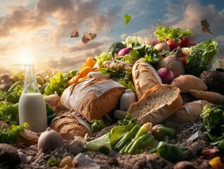Food waste pile with fresh vegetables, bread, and milk during sunrise in an open field
