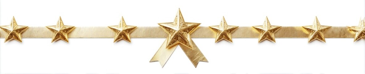 Fototapeta premium A row of five golden stars on a white background, top view, high-resolution photography.