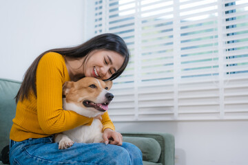 A young Asian woman sits on a cozy sofa at home with her Corgi. The indoor scene reflects warmth,...