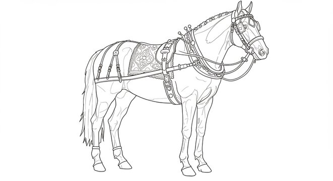 Cheval puissant harnais detaille dessin ligne nette clair. AI Generated