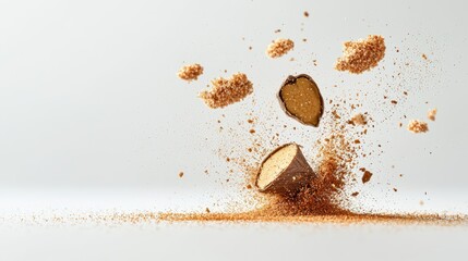 Nutmeg halves surrounded by grated spice clouds, floating fragments frozen in motion, elegant and impactful presentation