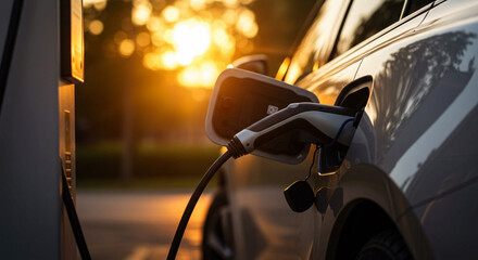 Electric Vehicle Charging Station Sunset Glow Eco-Friendly Transportation Future