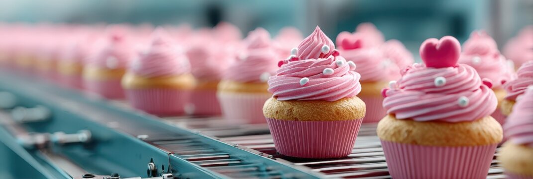 Sweet treats being frosted on a production line in a bakery during daytime hours