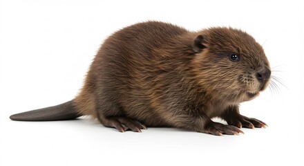 Jeune castor brun adorable pose doucement sur fond blanc lumiere douce. AI Generated