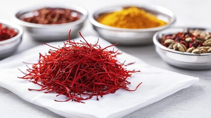 Fototapeta premium Saffron threads delicately placed on white fabric near bowls of other spices, saffron strands gently lifting off due to air currents, high-quality imagery