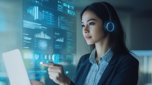 Woman using a holographic display and headphones in a modern office. - Powered by Adobe